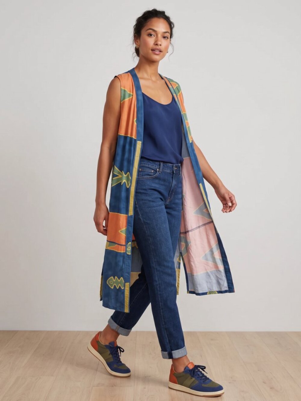 90s Vintage style Simply Southwest Color Block Long Duster Vest Small Aztec 45"